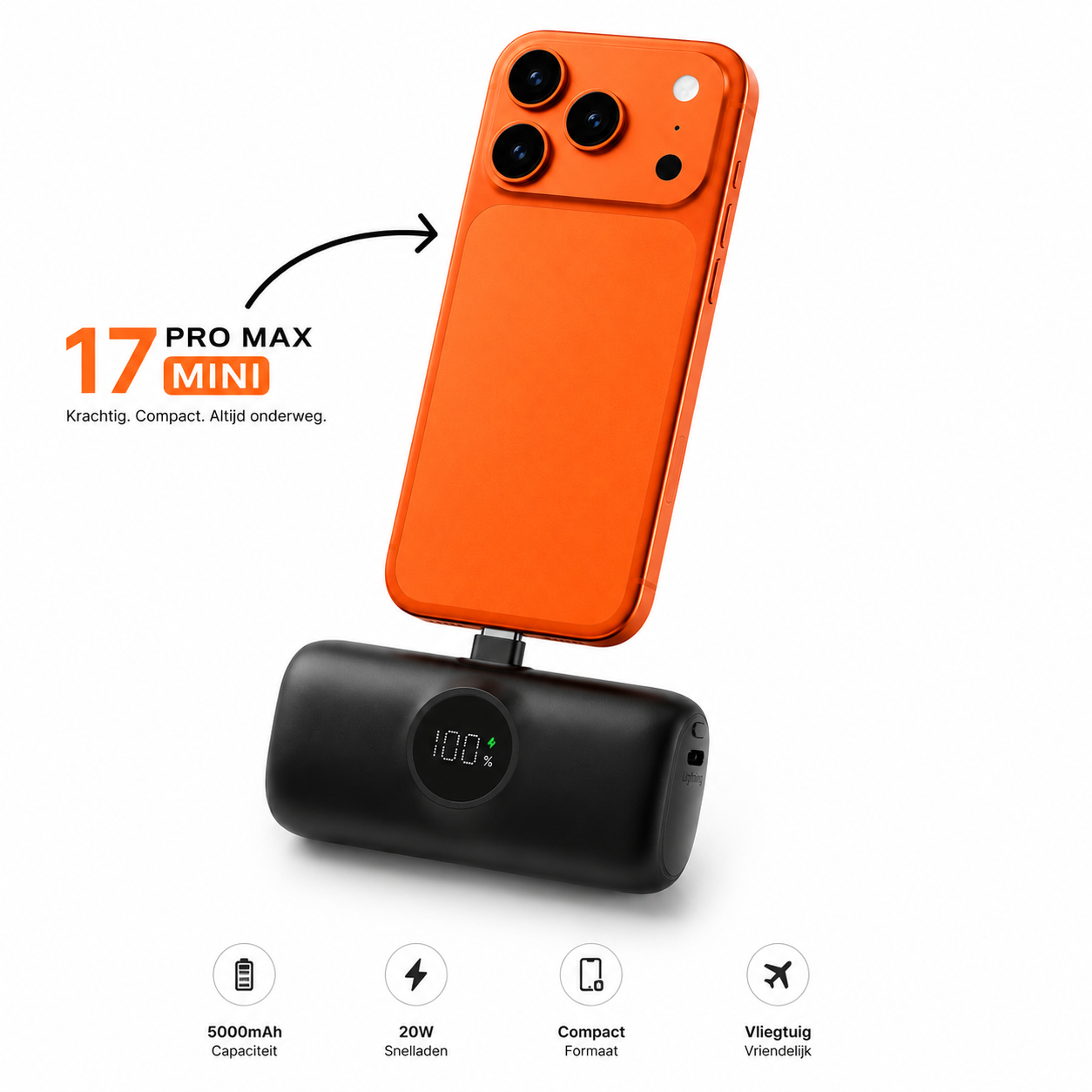 Mini Powerbank Voor USB-C Met iPhone Kabel 5000mAh